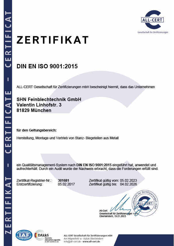Zertifikat ISO 9001:2015 SHN Feinblechtechnik GmbH